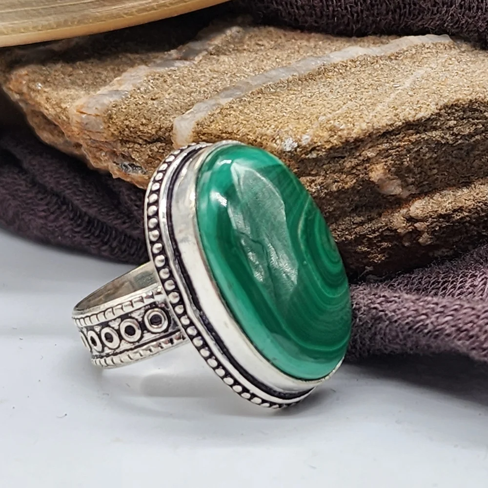 Natural Malachite Stone White Rhodium/925 Silver Spiritual Boho Artisan